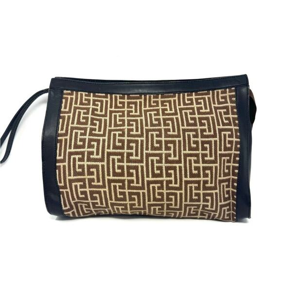 Balmain Vintage 1945 Heritage Monogram Jacquard Brown Canvas Leather Clutch - Picture 1 of 5